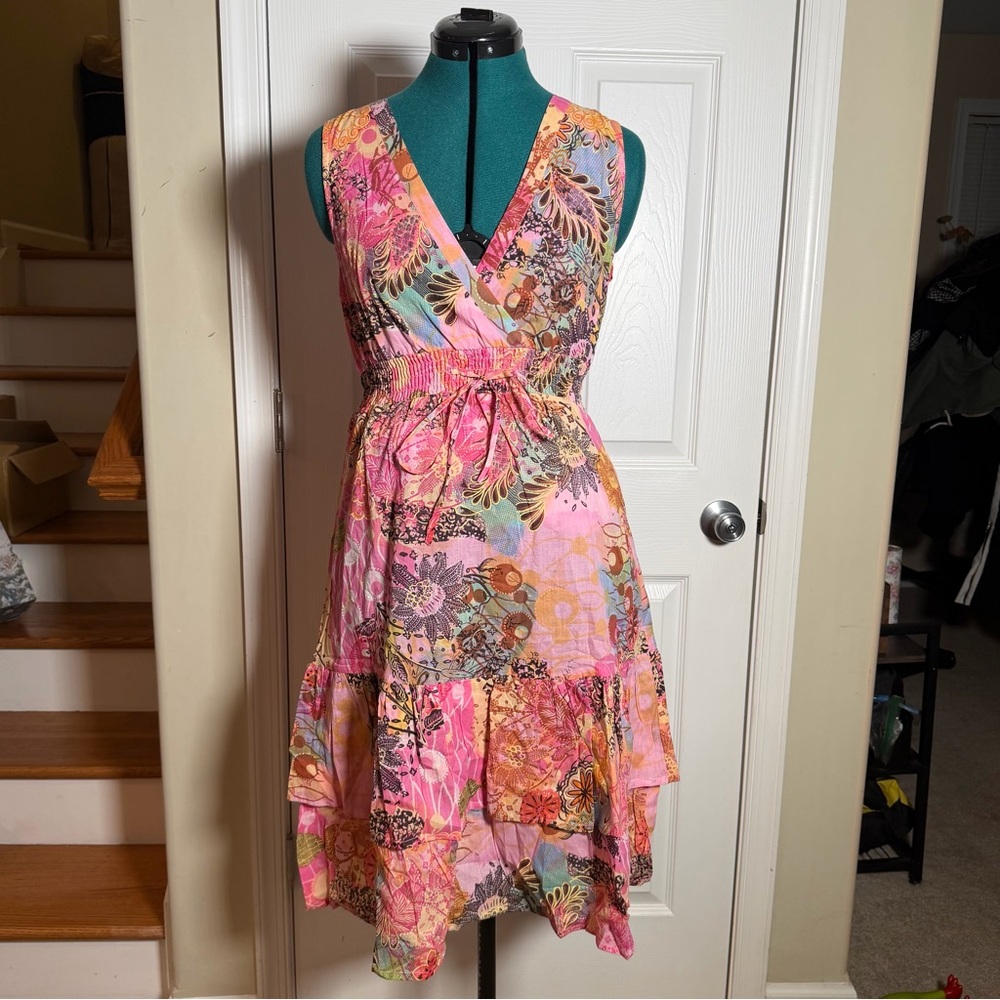 Pink Vibrant Spring Summer Floral Colorful Midi Dress W/ Cinched Tie Waist